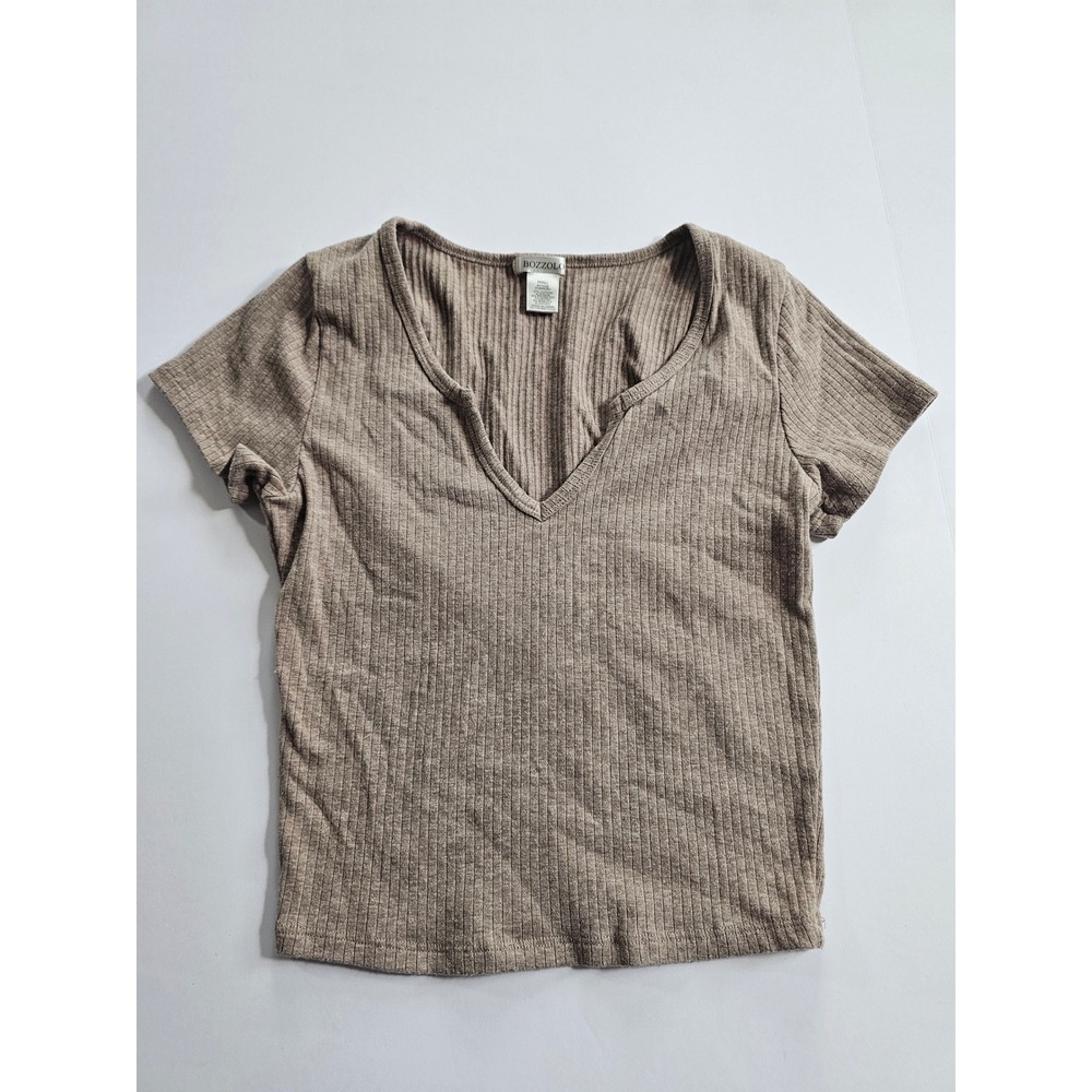 Ribbed V Neck Tee Womens S‎ Taupe Fitted Basic Minimalist Crop Top